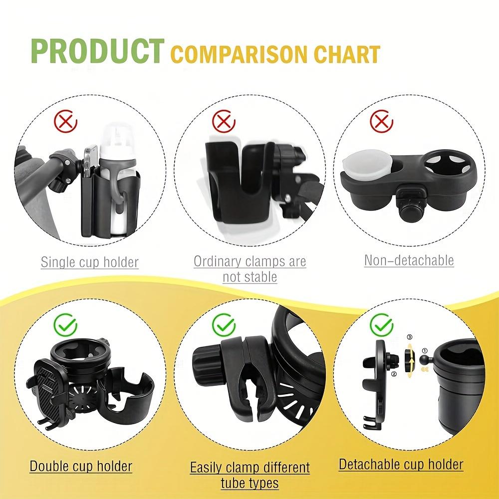 Stroller Cup Holder With Phone Holder, 3-in-1 Universal Bottle Holder, Double Drink Holder With 360-degree Rotatable Walker Phone Holder