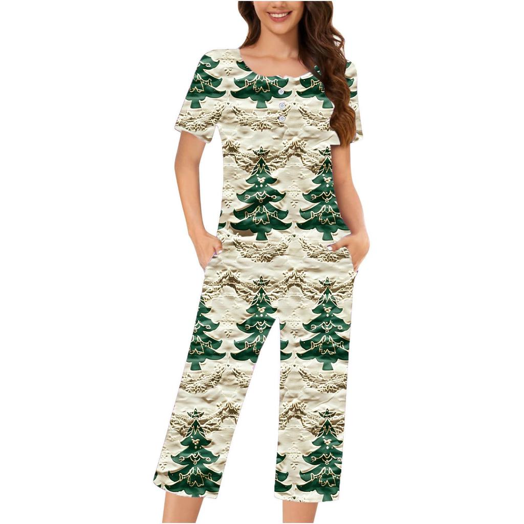 Women's 3D Christmas Pattern Short Sleeve & 7/8 Pants Set - Cozy Casual Home Wear.