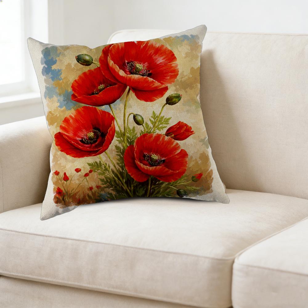 Poppy Flower Decorative Throw Pillow Red Floral Print With Green Leaves And Seeds For Living Room Bedroom