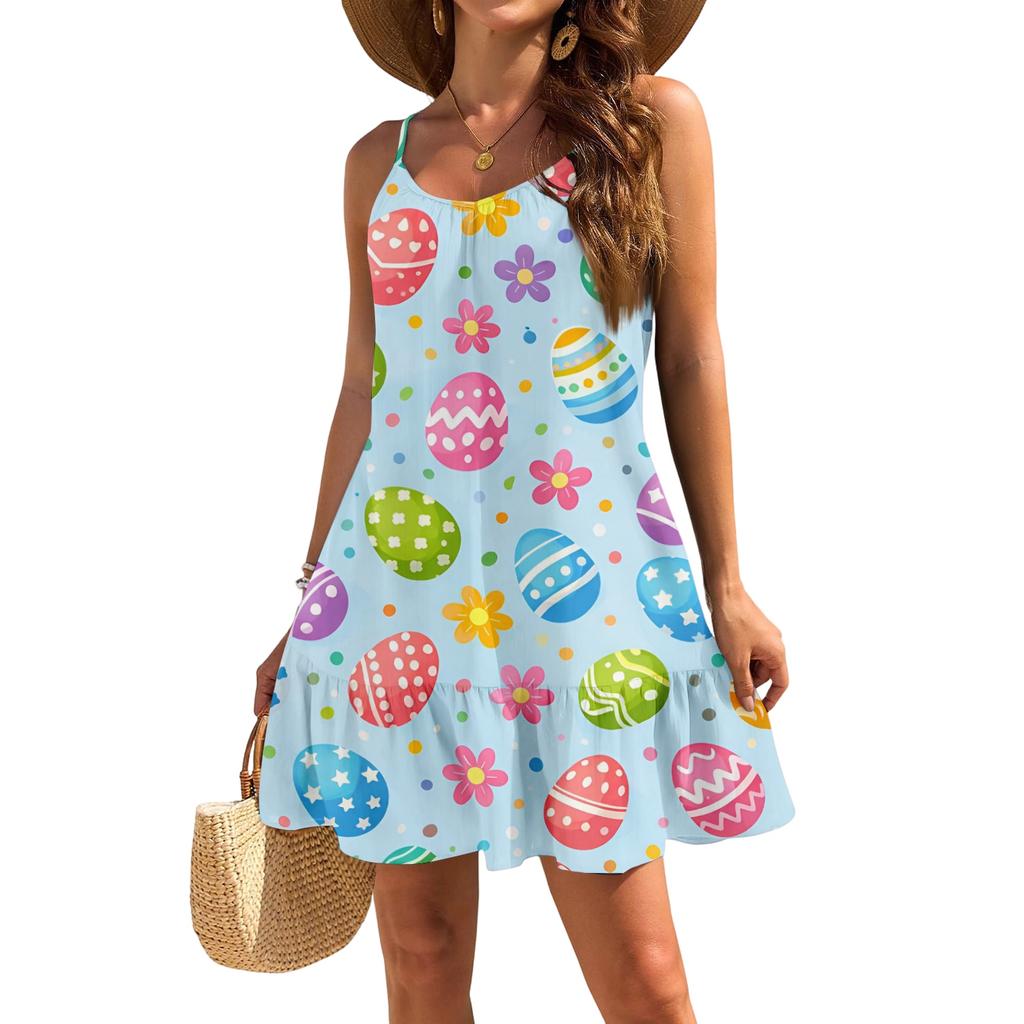 Robe décontractée élégante sans manches à bretelles ample pour femme avec imprimé plage et Pâques