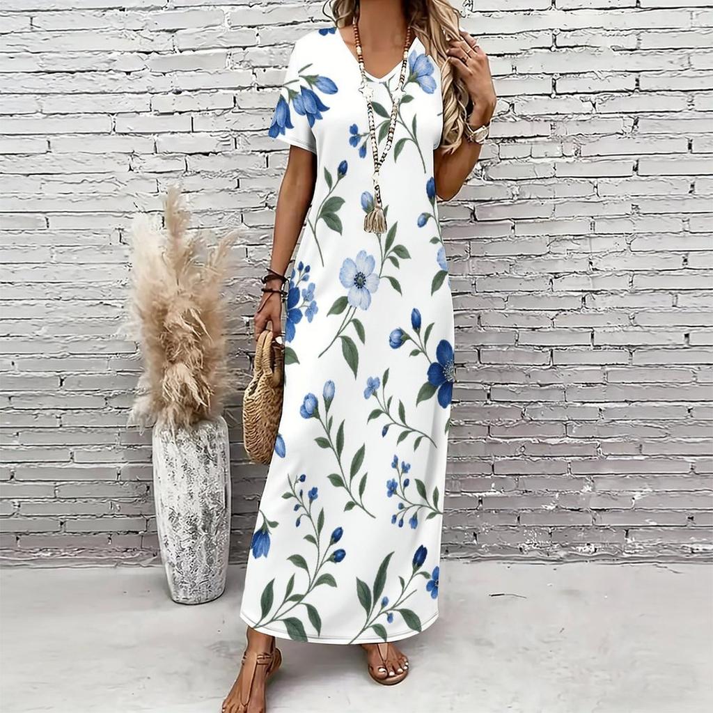 Women Plus Size V Neck Short Sleeve Floral Printed White Maxi Dress