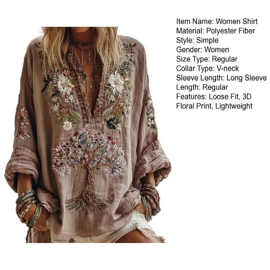 Damska Koszula Oversize z Dekoltem V Długi Rękaw Casualowa Wiosna Jesień Koszula z Wzorem Drukowanym 3D Oddychająca
