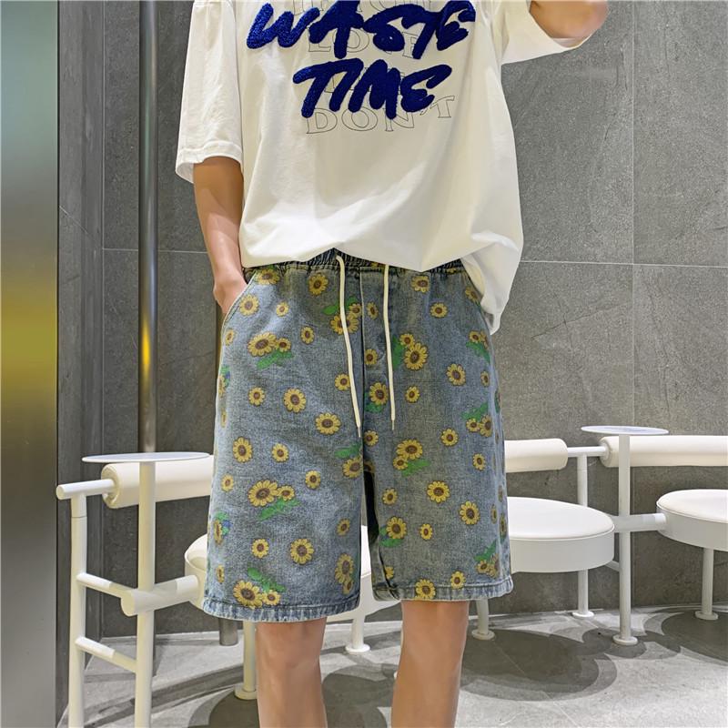 

Джинсовые шорты с принтом в стиле Харадзюку: Повседневные, свободные и стильные прямые брюки длиной пять восьмых для мужчин и пар. 3XL синий