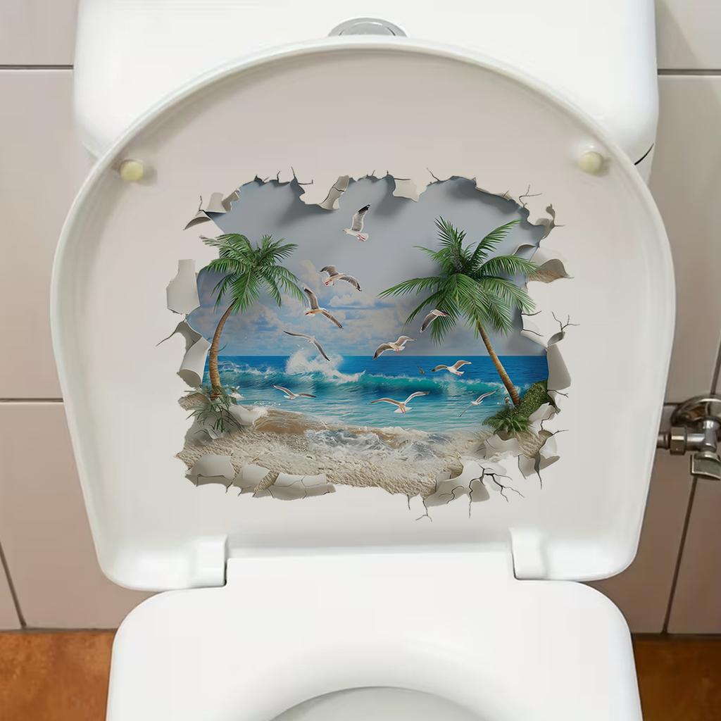 Broken Wall Beach Coconut Tree Toilet Cover - Bathroom Toilet Lid Decorative Sticker
