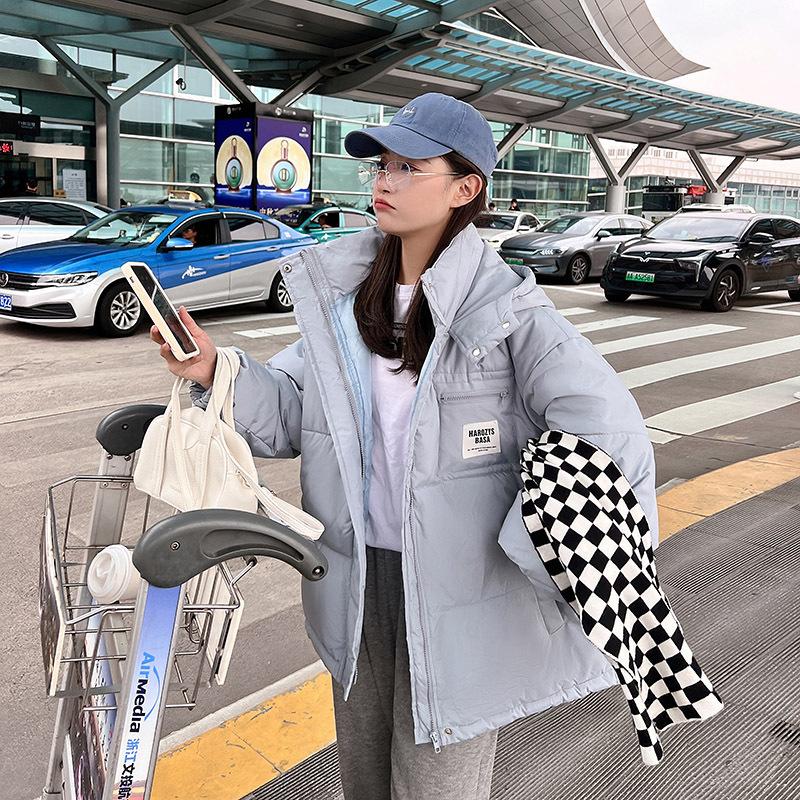 

Корейская хлопковая куртка женская 2025 осень/зима утолщенная свободного кроя средней длины дизайн накладной карман куртка с капюшоном XL светло-синий