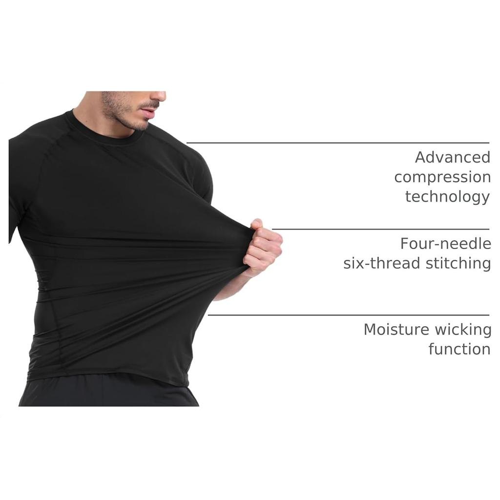 Men's Compression Shirts Cool Dry Short Sleeve Baselayer Athletic Workout T Shirts, Black