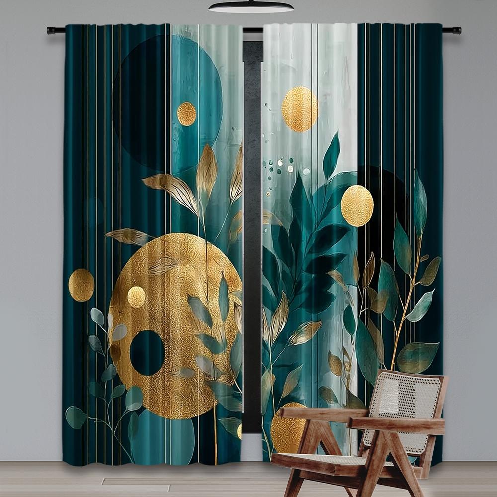 Set Of 2 Flat Printing Drapes Golden Botanical Circles Digital Printed Polyester Festive Wall Decor Event Decoration Curtain