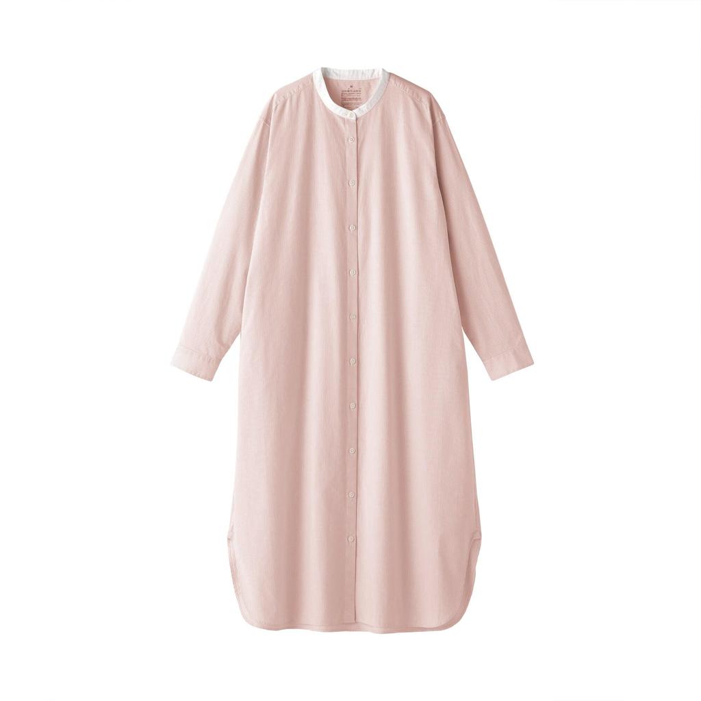 MUJI Women's Washed Broad Stand Collar Long Sleeve Dress, Light Pink Stripes, Size Small, BC2LUA5S