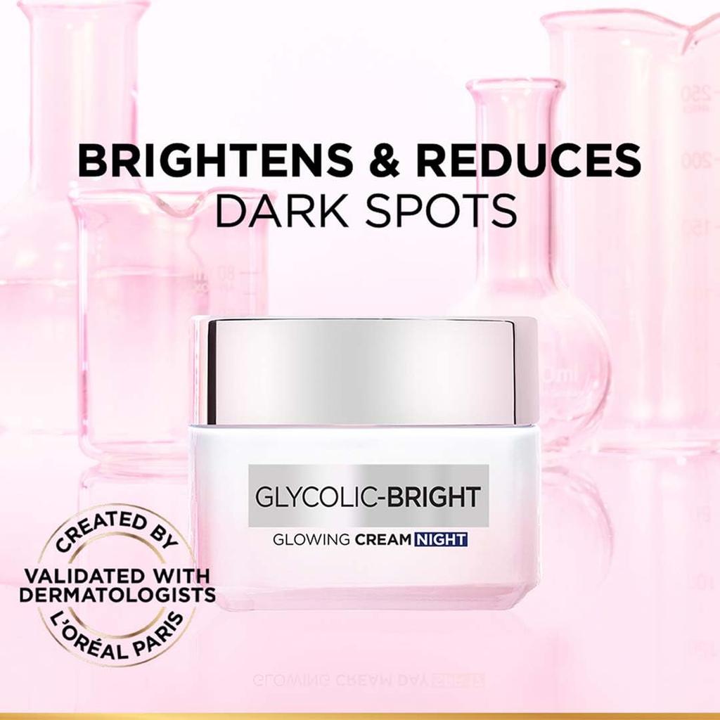 L'Oreal Paris Glycolic Bright Crema Notte Illuminante, Crema Illuminante Overnight, Acido Glicolico in Texture Crema-Gel, che Minimizza Visibilmente Spo