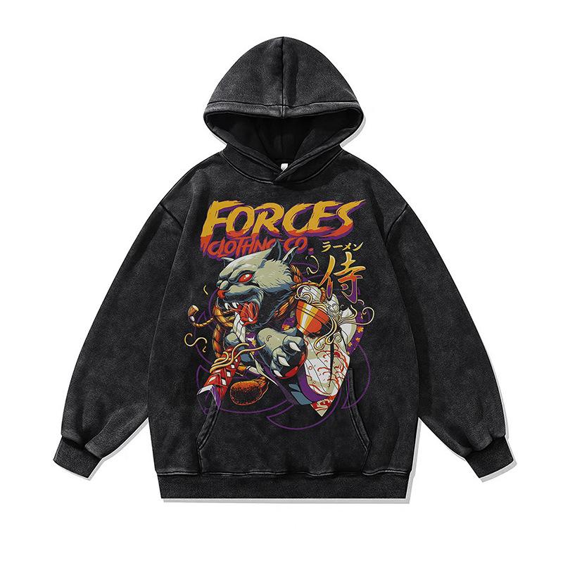 American Retro Skull Print Hoodie Jacket Autumn And Winter Heavy Washed Old Hooded Sweater Men And Women