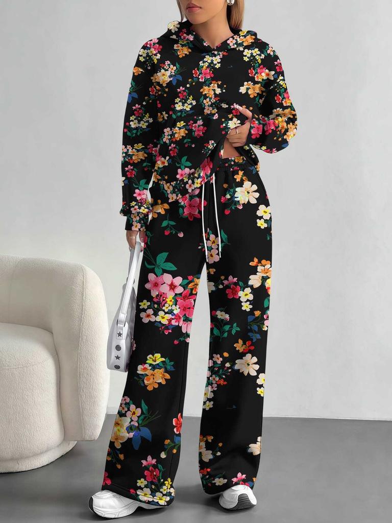Europe, America Autumn and Winter 1116 Casual Retro Flower Long-sleeved Suit Women's Hooded Sweater Trousers Two-piece Set