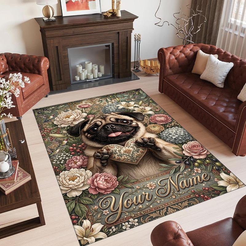 Pug Theme Crystal Velvet Floor Rug Personalized Custom Name Text Warm Carpet Home Decoration