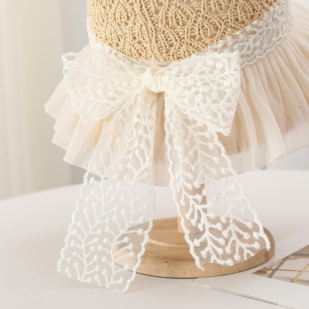 Summer Lace Bow Wide Brim Sun Hat Women Crochet Pattern Ruffled Tulle Brim Sun Protection UV Beach Hat