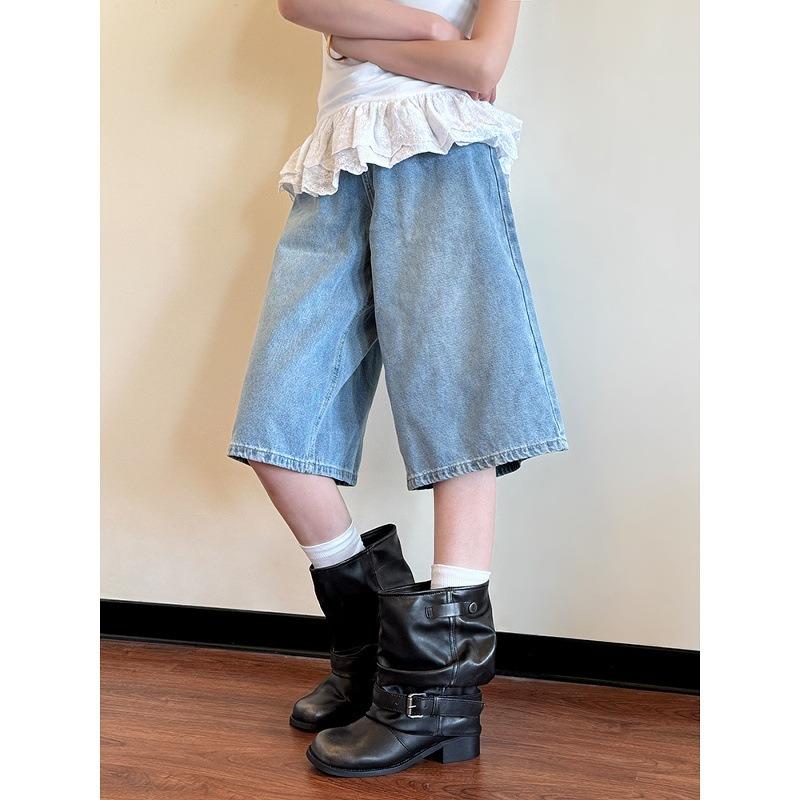 Cowhide Western Jeans Tube Boots Women's Pleated Pile Black Wipe Round Head Vintage Thick Heel Knight Martin Boots