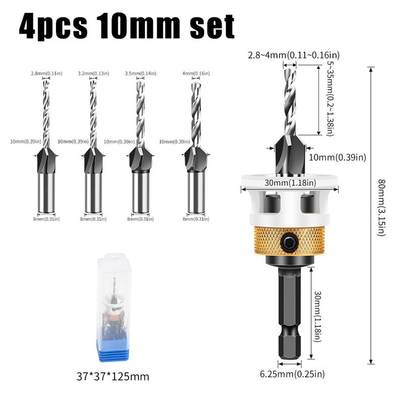 Counter Sink Drill Bit For Wood 4X Adjustable Depth Drill Bit Set 1/4 Inch Hex Shank Heavy Duty Quick Change Tool For