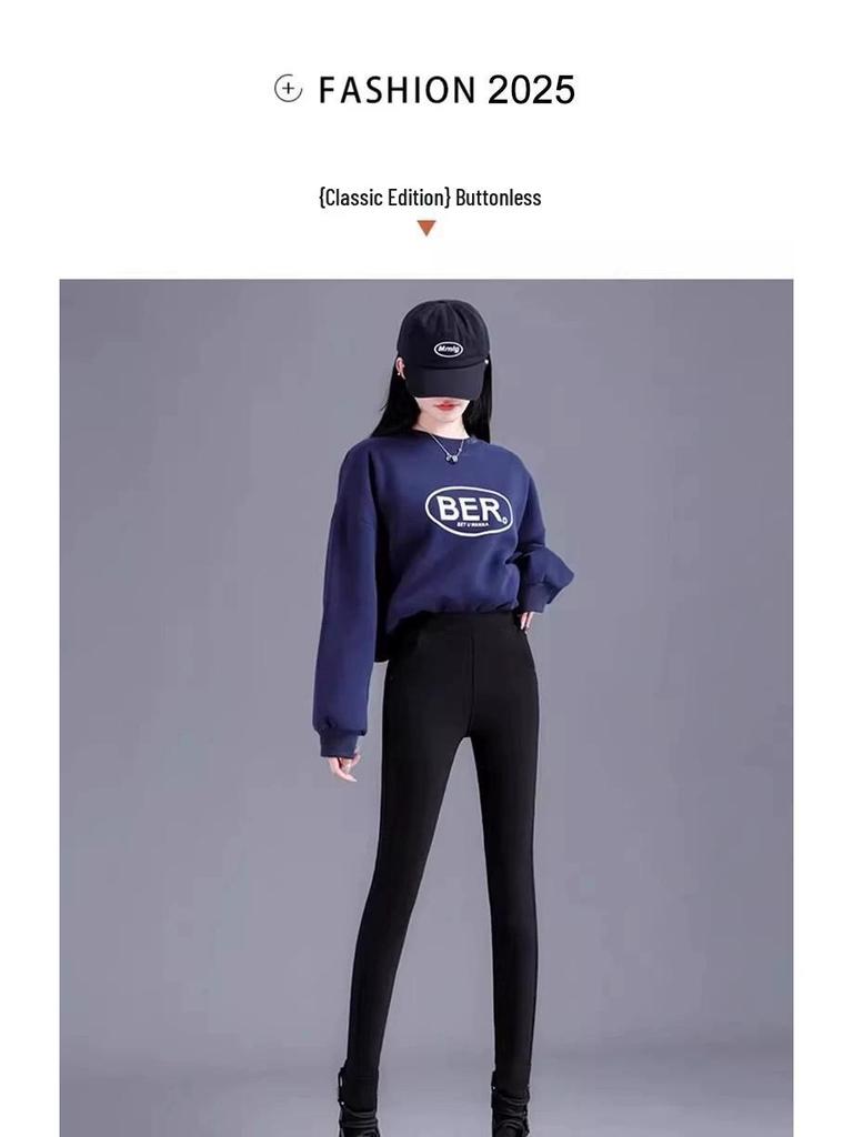 High Waist Plus Size Fleece-Lined Denim Leggings for Women - Spring/Autumn Slimming Elastic Skinny Pants