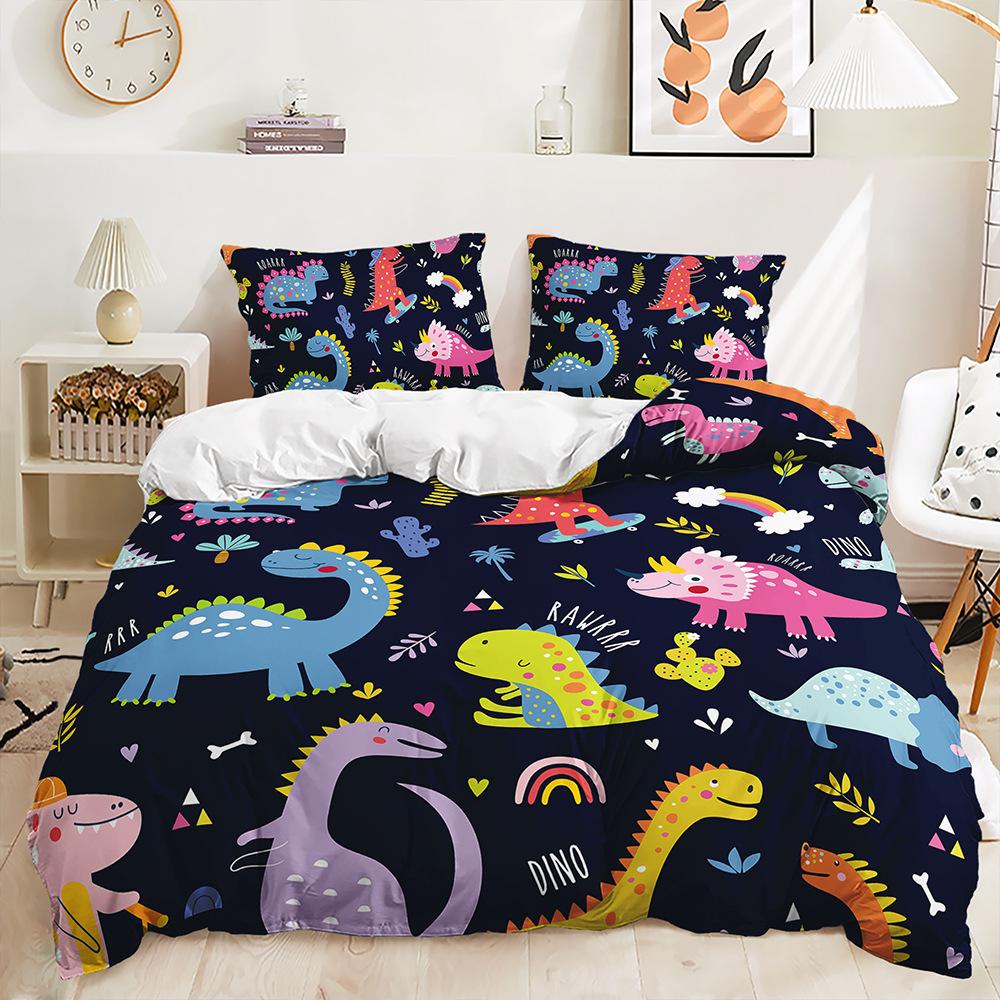 Cartoon Little Dinosaur Three-Piece Digital Printing Duvet Set Suitable For Children'S Bedroom Decoration