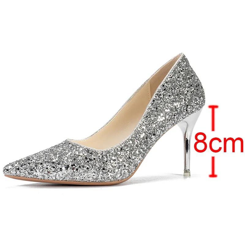 Fashion Bling Glitter Thin Heels Pumps Women Slip-On Gold Silver Wedding Shoes Woman Pointed Toe Shining Sequins High Heels Party Shoes