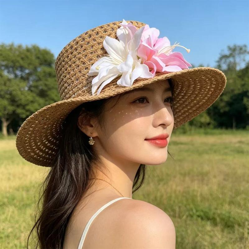 French Hollow Flower Flat Top Straw Hat Female Summer Outing Beach Vacation Wind Straw Hat Sun Protection Hat
