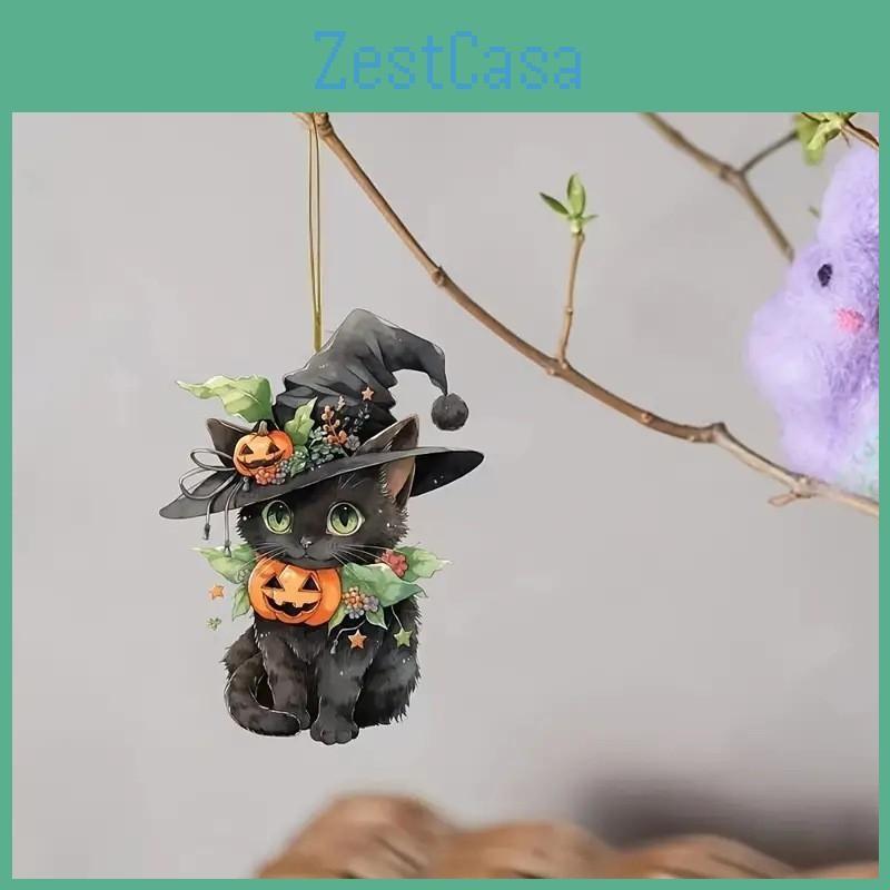 Acrylic Flat Surface Pendant With Halloween Cat Pumpkin Design For Auto Decor