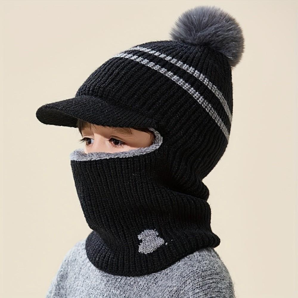 Pom Pom Detail Knitted Hat Scarf Set Ear Protection Design Integrated Balaclava Hat  Outdoor Play