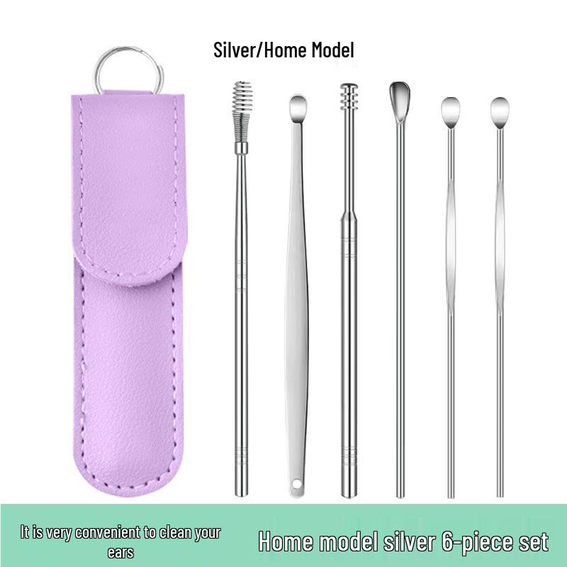 6-Piece Stainless Steel Ear Cleaning Set: Portable Spiral and Spoon Tools