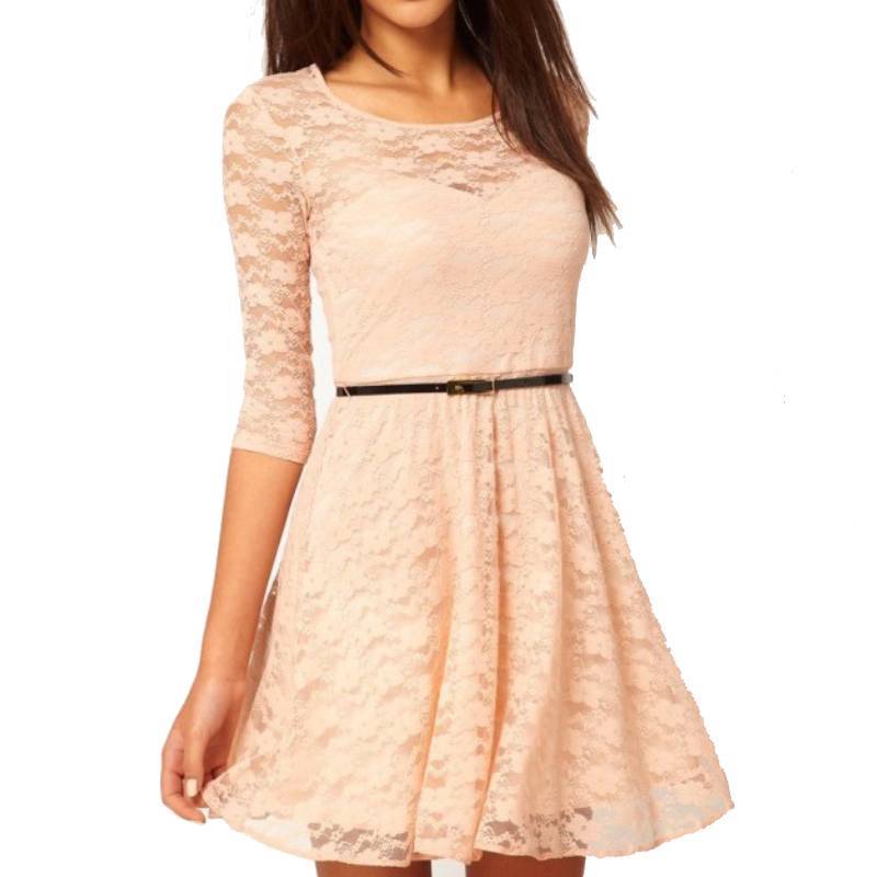 Elegant Lace Dress With Long Sleeves And Round Neck For Casual Spring Summer Wear