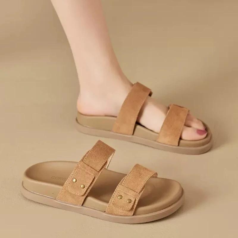 2024 Summer Hot Selling Women's Shoes Fashion Open Toe Women's Flat Shoes Solid Color Medium Heel Casual Beach Women's Slippers