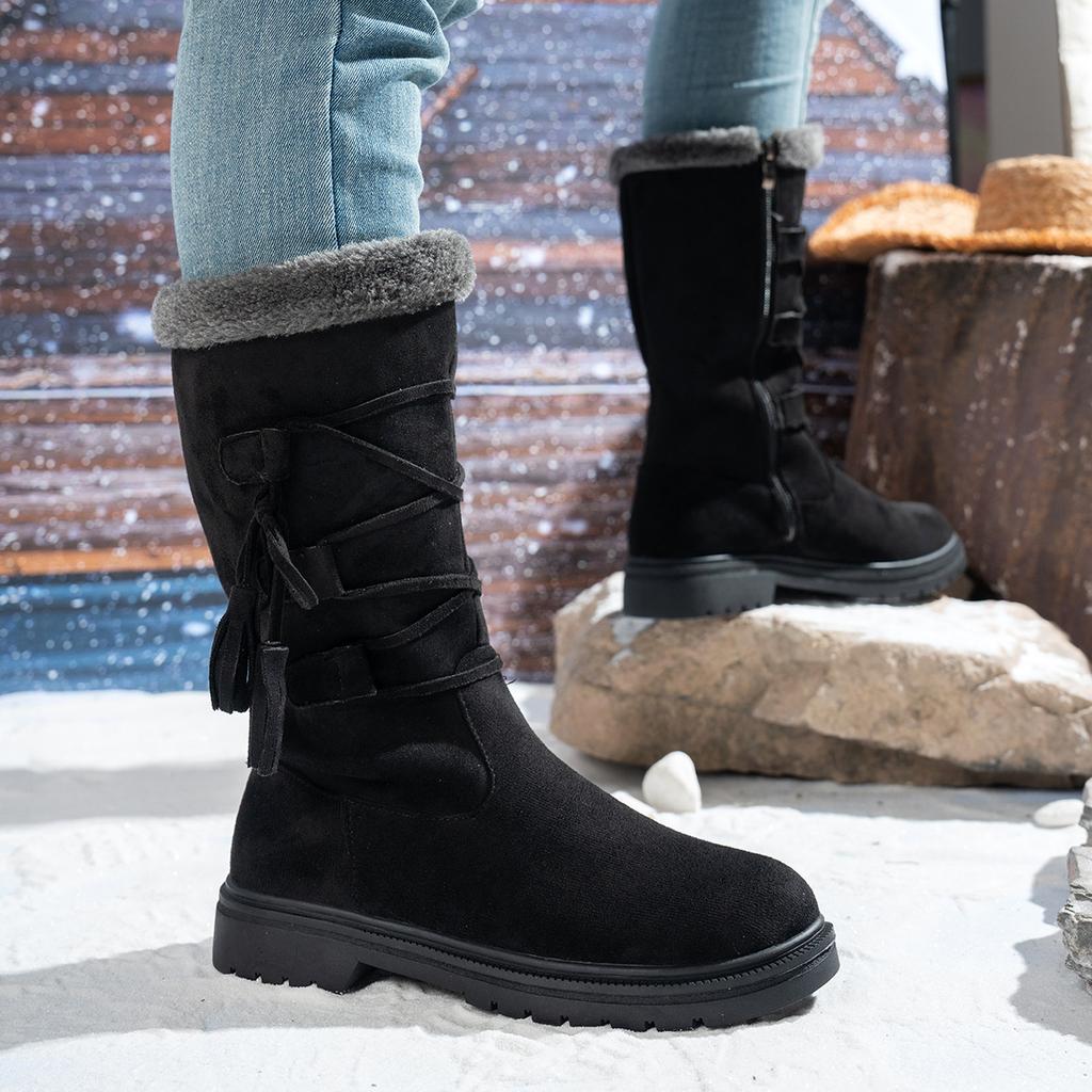 Women's soft elastic winter warm cold padded tassel snow boots non-slip wear outdoor leisure sports leather mid-calf cotton boots