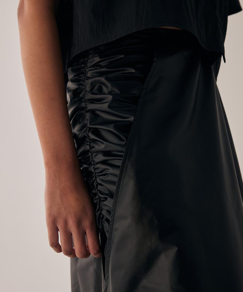 Teulimingbeodeu Shirring Layered Long Skirt [ Black ]