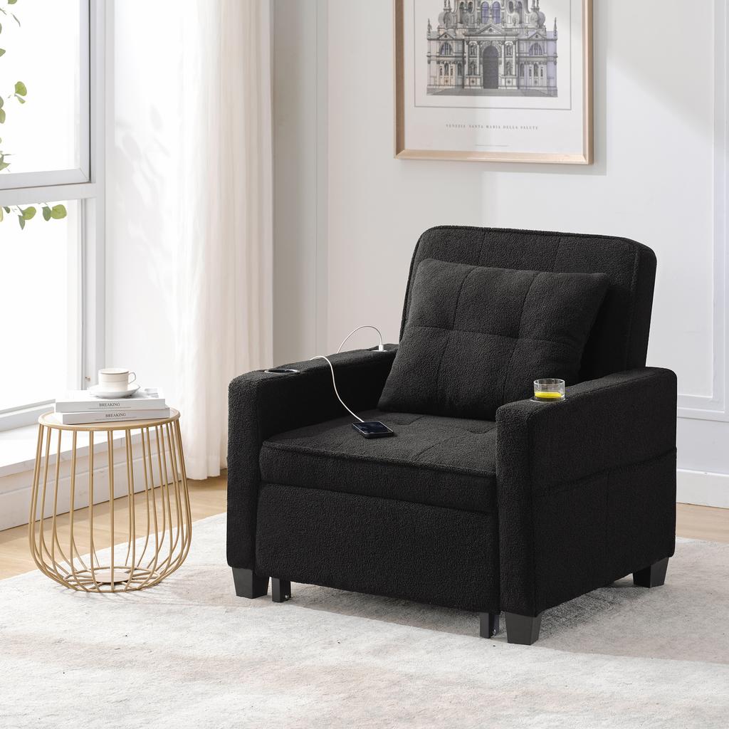 3-in-1 Extendable Single Sleeper Sofa – With Cup Holders and USB Port, Sofa Lounge Chair, Sleeper Chair, Armchair, Perfect for Small Rooms