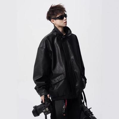 Veste en cuir de moto rétro pour homme - Manteau à revers coupe ample Automne/Hiver