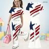 Girls Round Neck Short Sleeve Printed Top And Flared Pants Two Piece Set