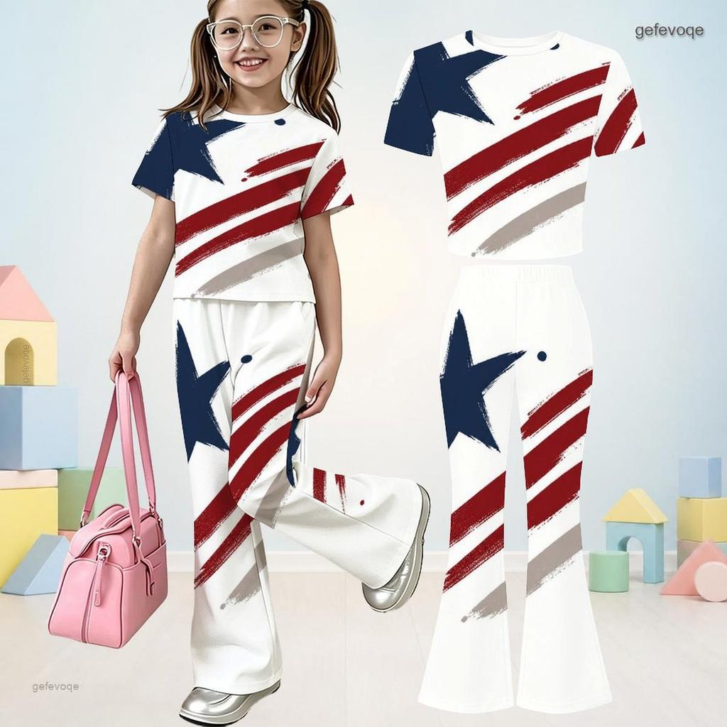 Girls Round Neck Short Sleeve Printed Top And Flared Pants Two Piece Set