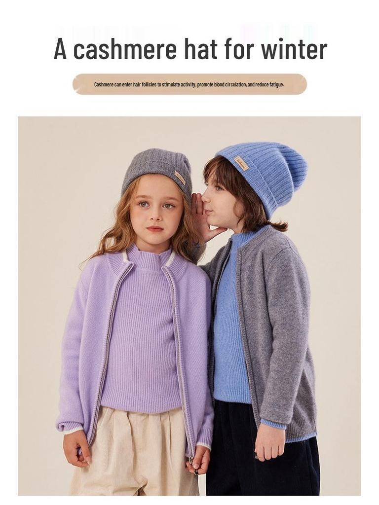 Kids' Cashmere Hat, Unisex Autumn/Winter Style, Thick Knit Wool for Warmth & Versatility.