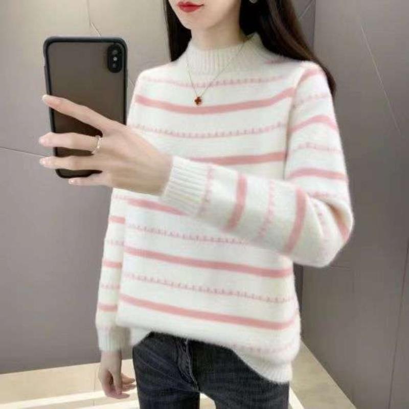 Осенне-зимний свитер-пуловер для женщин, большой размер, бархатная толстая полосатая нижняя рубашка, свободный свитер из норкового флиса, теплый топ XXL белый