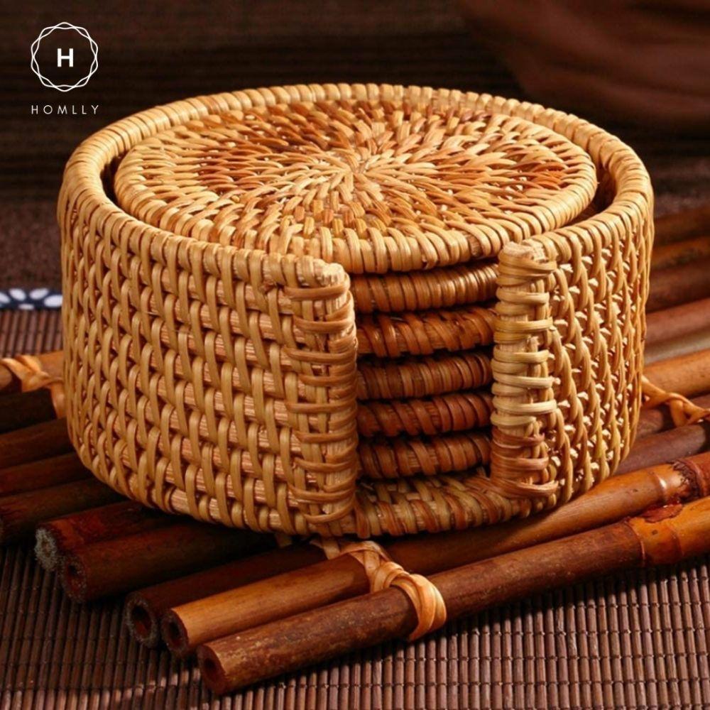 Homlly Basic 100% Natural eco-friendly Hand Made Rattan Coaster Set (6pcs) with Coaster Box