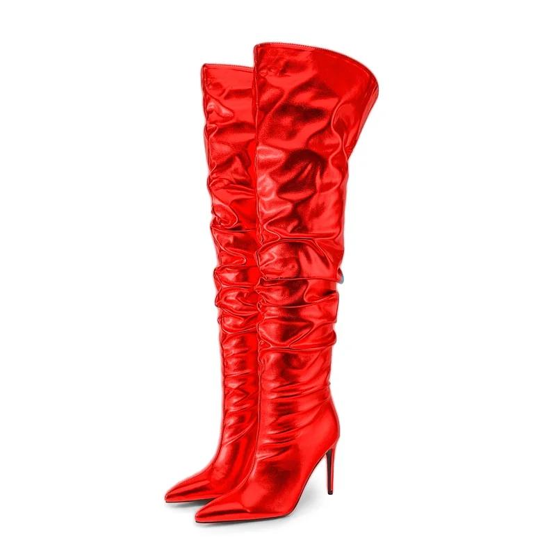 Fashion Sexy Solid Color Pleated Lazy Style Over The Knee Boots Autumn Winter Fashion Black Silver High-heel Women Long Boots Size 34-45