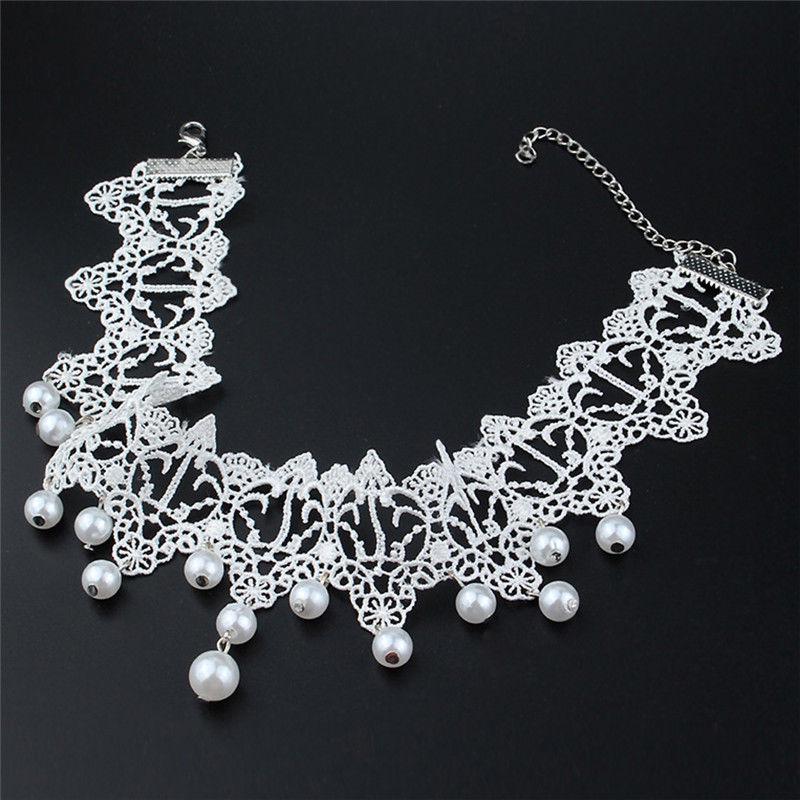 (YOUU06)Bridal Jewelry New Fashion Elegant Vintage Imitation Pearl White Lace Statement Choker Necklaces For Women Wedding