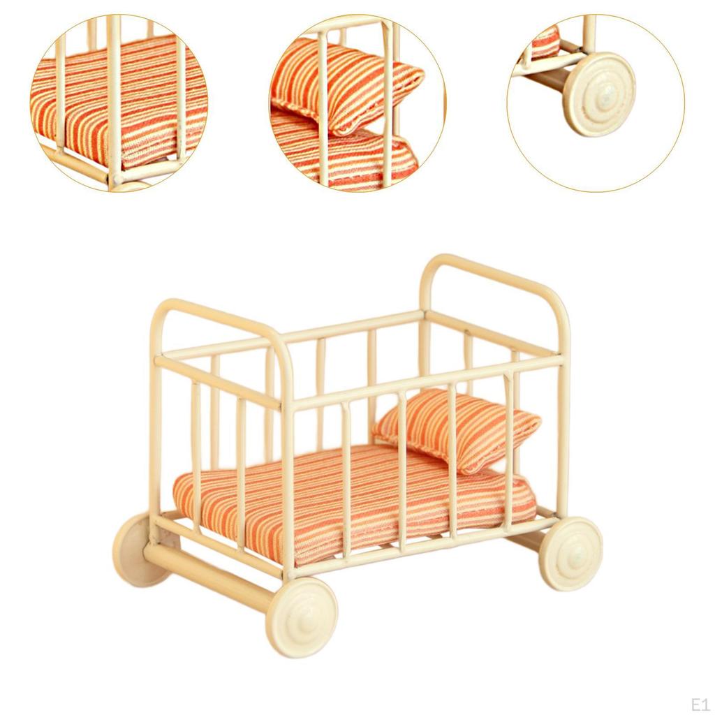 1/12 Dollhouse Baby Bed Miniature Furniture Room Realistic Photo Props with Mattress for DIY Model