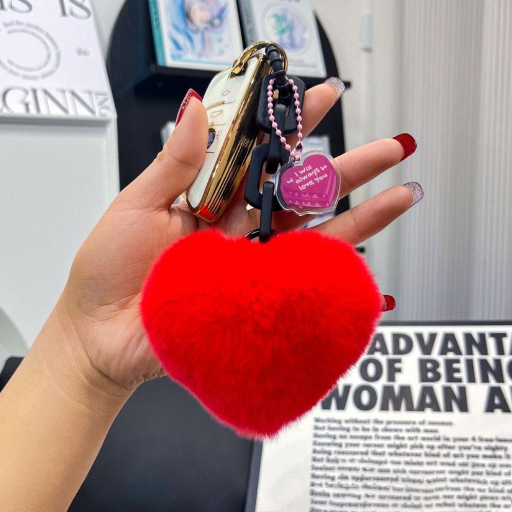

7cm Natural Fur Heart Ball Charm Keychain Women Girl Creative Soft Bag Pendant Cute Plush Toys Keychain Valentines Day Gifts червоний