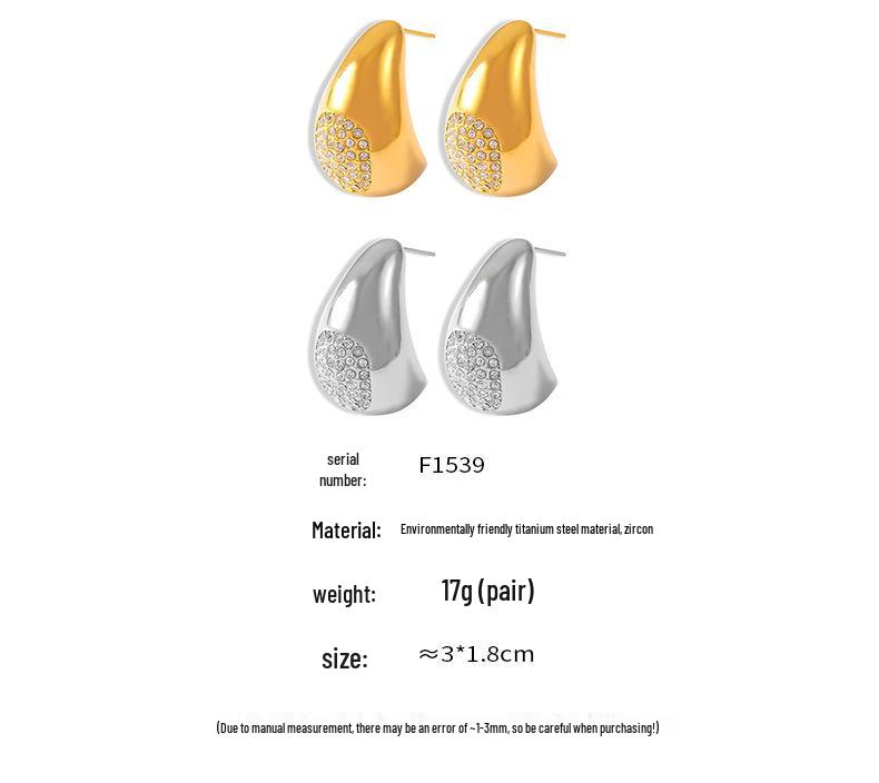 18k Gold Titanium Steel Teardrop Diamond Earrings - European & American Fashion Jewelry