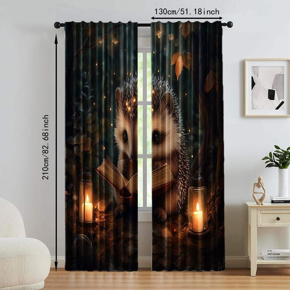 Versatile Polyester Transparent Curtains Home Decoration Hedgehog Reading Use Bedrooms Living Rooms Set Of 2 Made Area Decor