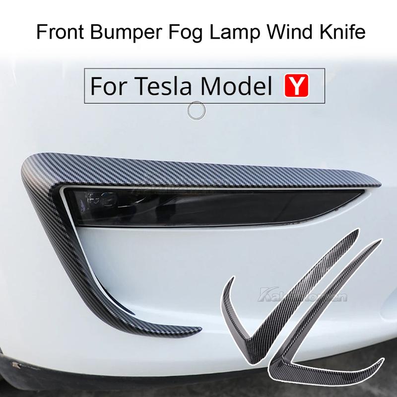 For Tesla Model 3 Model Y 2017-2023 Glossy Black/Carbon Car Front Bumper Fog Light Frame Wind Knife Spoiler Decoration Body Kit