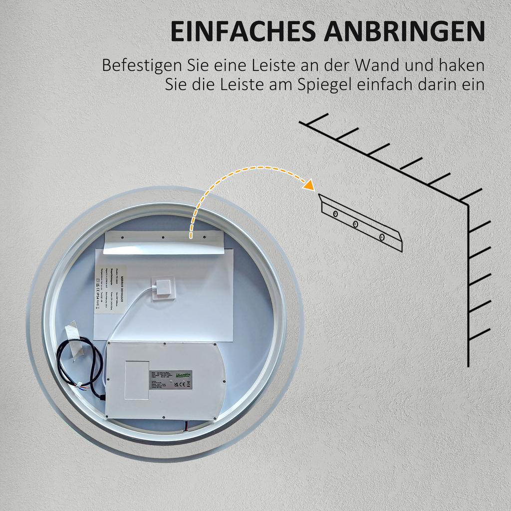 Round Bathroom Mirror with LED Lights, Wall Mount Dimmable Makeup Mirror with 3 Temperature Colours, Defogging Film and Memory Function, Frameless
