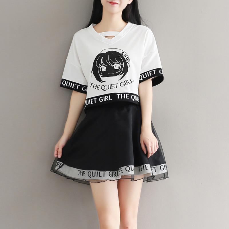 Women 2 Pieces Set Cute Anime Crop Top High Waist Mini Mesh Skirt