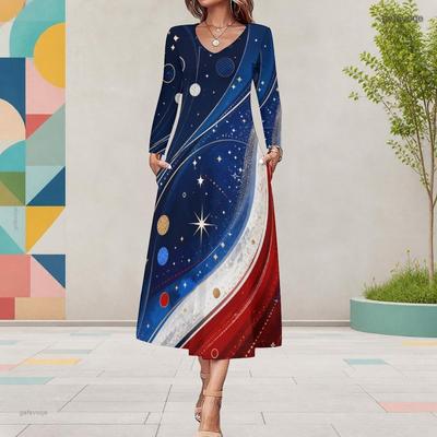 Women Plus Size V Neck Long Sleeve Starry Printed A Line Midi Dress With Pockets Navy Blue Red