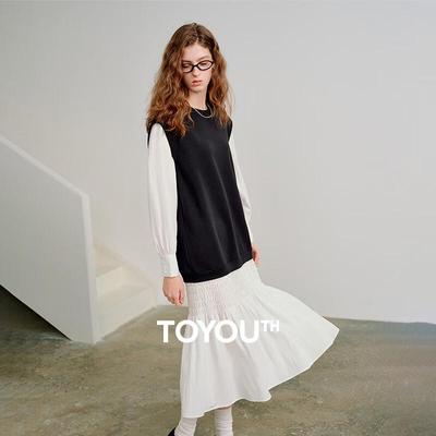 Chuyu Women's 2026 Spring Patchwork Faux Two-Piece Shirred Midi Dress