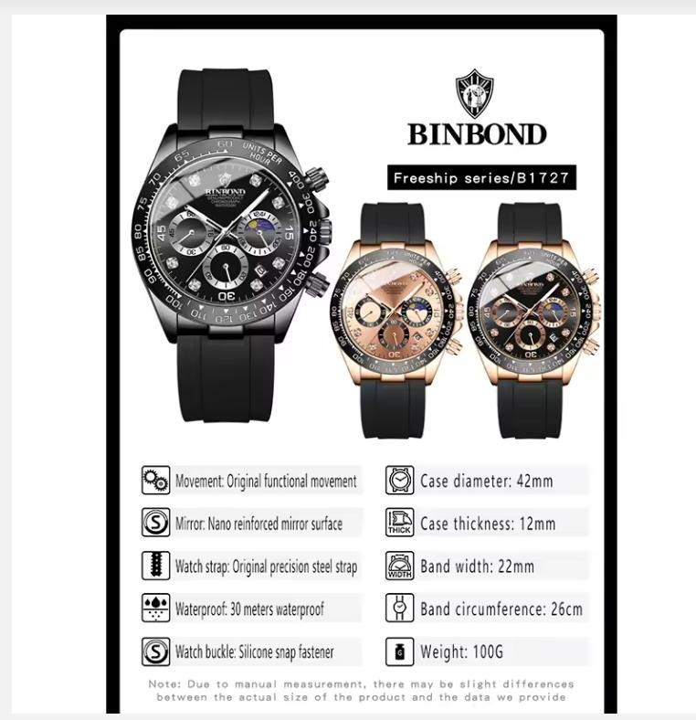 Quartz Watch for Men Silicone Strap Moon Phase Date Chronograph Dial Waterproof Sports Fashion Business Men's Wristwatch