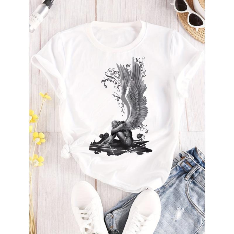 Plus Size - Plus Size - Fashionable Round-Neck T-Shirt with Short Sleeves and A Large Angel Wings Print In Plus Size
